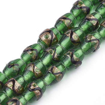 Handmade Gold Sand Lampwork Beads, Drum, Green, 15~18x10~12mm, Hole: 1.5~2mm