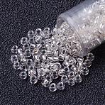 FGB 12/0 Grade A Transparent Silver Lined Round Glass Seed Beads, Clear, 2x1.5mm, Hole: 0.5mm, about 5000pcs/50g(X-SEED-A022-F12-34)