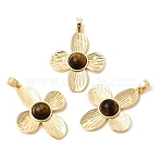 Natural Tiger Eye Pendants, Flower Charms with Brass Settings, Real 18K Gold Plated, 31.5x24.5x5mm, Hole: 3x5mm(KK-Z149-20G)