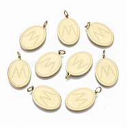 304 Stainless Steel Pendants, with Jump Rings, Oval with Letter M, Real 14K Gold Plated, 22x15x1mm, Jump Ring: 5x0.8mm, 3.4mm inner diameter(STAS-S116-036G)