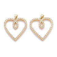 Brass Micro Pave Clear Cubic Zirconia Beads Pendant, Long-Lasting Plated, Heart, Real 18K Gold Plated, 28x25.5x2.5mm, Hole: 5x3.3mm(ZIRC-M114-17G)