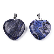 Natural Map Stone Pendants, with Stainless Steel Color Tone Stainless Steel Snap On Bails, Heart Charm, Dyed & Heated, Dark Blue, 22~22.5x20~20.5x6mm, Hole: 2.5x5mm(G-N0325-18A)