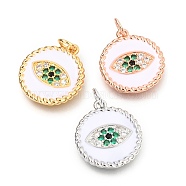 Brass Miceo Pave Colorful Cubic Zirconia Pendants, Long-Lasting Plated, with Jump Rings & White Enamel, Flat Round with Eye, Mixed Color, 18x16x1.5mm, Hole: 2.5mm(ZIRC-B0004-04-B)