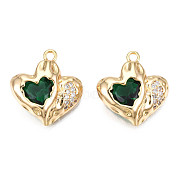 Brass Micro Pave Cubic Zirconia Pendants, Real 18K Gold Plated, Heart, Green, 18x17.5x6mm, Hole: 1.8mm(KK-N231-293A)