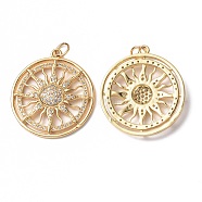 Brass Micro Pave Cubic Zirconia Pendants, with Jump Rings, Flat Round with Sun Charms, Real 18K Gold Plated, 27x24x3.5mm, Hole: 3.6mm(KK-E068-VF310)