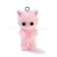 Flocky Resin Pendants, with Platinum Plated Iron Loops, Cat Shape Charms, Pink, 35x17x16.5mm, Hole: 2mm(OACR-P025-A01)
