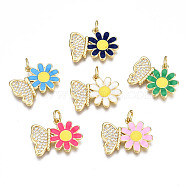 Brass Micro Pave Cubic Zirconia Pendants, with Enamel and Jump Ring, Nickel Free, Flower with Butterfly, Real 16K Gold Plated, Mixed Color, 15x20x2.5mm, Jump Ring: 5x0.8mm, 3mm inner diameter(ZIRC-T014-031G-NF)