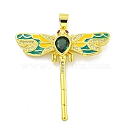 Brass Micro Pave Clear Cubic Zirconia Pendants, Real 18K Gold Plated, Dragonfly, Dark Green, 42x40x4.5mm, Hole: 5.5x3.5mm(KK-R159-21B-G)