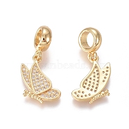Brass Micro Pave Clear Cubic Zirconia European Dangle Charms, Large Hole Pendants, Butterfly, Golden, 25mm, Hole: 5mm, Butterfly: 17x12x2mm(ZIRC-I036-23G)