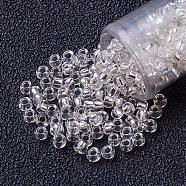 12/0 Grade A Transparent Silver Lined Round Glass Seed Beads, Clear, 2x1.5mm, Hole: 0.5mm, about 5000pcs/50g(X-SEED-A022-F12-34)