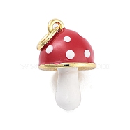 Real 18K Gold Plated Rack Plating Brass Enamel Charms, with Jump Ring, Long-Lasting Plated, Lead Free & Cadmium Free, 3D Mushroom Charm, Red, 15x10x10mm, Hole: 3mm(X-KK-M293-24G-02)