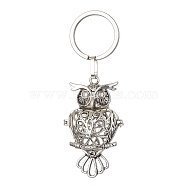 Brass Hollow Owl Pendant Keychain, with 304 Stainless Steel Rings, Antique Silver, 8cm(KEYC-JKC00561)