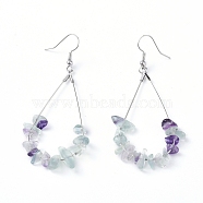 Dangle Earrings, with Natural Fluorite Chips, Platinum Plated Brass Earring Hooks and teardrop, Pendants, 71~75mm, Pendant: 53.5~59mm, Pin: 0.5mm(EJEW-E255-B20)