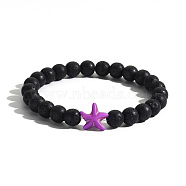 Men's Yoga Jewelry, Natural Lava Rock Round Beads Stretch Bracelets, Starfish, Medium Orchid(BK0782-14)