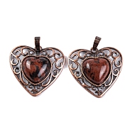 Natural Mahogany Obsidian Peach Love Heart Pendants, Rack Plating Brass Hollow Heart Charms, Cadmium Free & Lead Free, Red Copper, 29.5x30.5x7.5mm, Hole: 7.5x5mm(G-G158-01-07)