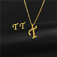 Golden Stainless Steel Initial Letter Jewelry Set, Stud Earrings & Pendant Necklaces, Letter T, No Size(IT6493-3)