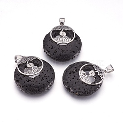 Natural Lava Rock Pendants, with Platinum Tone Brass Findings, Flat Round with Tree of Life, Dyed, 32x28x6mm, Hole: 4x5mm(KK-F751-B19)