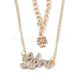 Alloy Double Layered Necklaces, Pendant Necklaces, with Glass Rhinestone, Constellation/Zodiac Sign, Golden, Libra, Word: 26x14.5x2.5mm, 16.14 inch(41cm)(NJEW-B0002-11G)