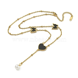 Ion Plating(IP) 304 Stainless Steel Black Enamel Butterfly Heart Pendant Necklaces, with ABS Imitation Pearl, Golden, 17.99 inch(45.7cm)(NJEW-C057-01G)