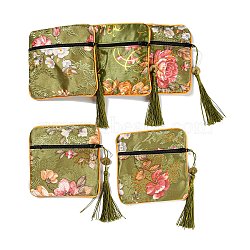 Chinese Style Floral Cloth Jewelry Storage Zipper Pouches, Square Jewelry Gift Case with Tassel, for Bracelets, Earrings, Rings, Random Pattern, Olive, 115x115x7mm(AJEW-D063-01C)