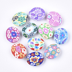 Handmade Polymer Clay Beads, Oval with Flower Pattern, Mixed Color, 31~32x25.5x11.5mm, Hole: 1.2~1.6mm(X-CLAY-S092-33)