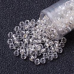 FGB 12/0 Grade A Transparent Silver Lined Round Glass Seed Beads, Clear, 2x1.5mm, Hole: 0.5mm, about 5000pcs/50g(X-SEED-A022-F12-34)