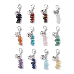 Synthetic & Natural Mixed Gemstone Chip Pendant Decorations, Tree of Life Tibetan Style Alloy and Lobster Claw Clasps Charm, Antique Silver & Platinum, 44.5~45.5mm, 12pcs/set(HJEW-JM01665-01)