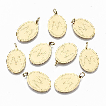 304 Stainless Steel Pendants, with Jump Rings, Oval with Letter M, Real 14K Gold Plated, 22x15x1mm, Jump Ring: 5x0.8mm, 3.4mm inner diameter