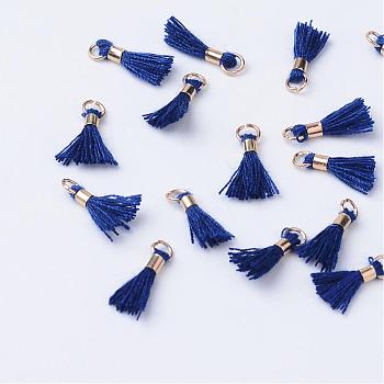 Polycotton(Polyester Cotton) Tassel Pendant Decorations, with Unwelded Iron Jump Rings, Golden, Medium Blue, 10~16x2mm, Hole: 1.5mm