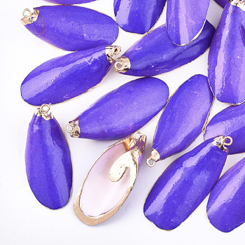 Spray Painted & Electroplate Sea Shell Pendants, with Iron Findings, Light Gold, Mauve, 34~51x16~21x7~11mm, Hole: 1.5mm