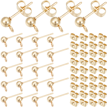 100Pcs 304 Stainless Steel Ball Stud Earring Findings, with Loop and 100Pcs Ear Nuts, Golden, 15x7x4mm, Hole: 1.7mm, Pin: 0.8mm