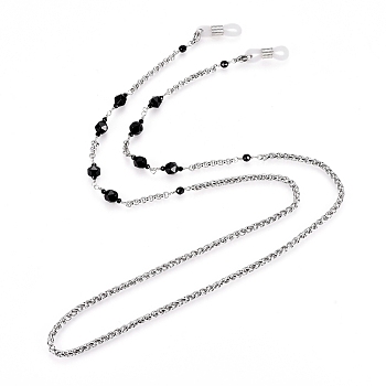 Eyeglasses Chains, Neck Strap for Eyeglasses, with Faceted Natural Black Agate Beads, Rubber Loop Ends, 304 Stainless Steel Rolo Chains and Brass Findings, 29.52 inch(75cm)