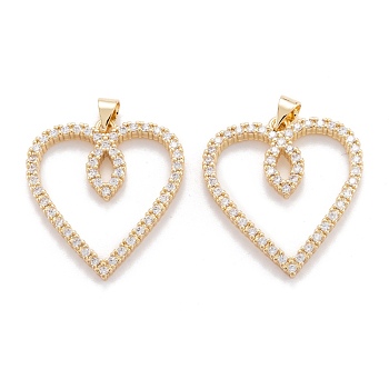 Brass Micro Pave Clear Cubic Zirconia Beads Pendant, Long-Lasting Plated, Heart, Real 18K Gold Plated, 28x25.5x2.5mm, Hole: 5x3.3mm