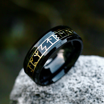 Titanium Steel  Words Finger Rings, Rune Words Odin Norse Viking Amulet Jewelry, Electrophoresis Black, US Size 11(20.6mm)