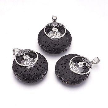 Natural Lava Rock Pendants, with Platinum Tone Brass Findings, Flat Round with Tree of Life, Dyed, 32x28x6mm, Hole: 4x5mm