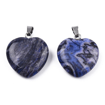 Natural Map Stone Pendants, with Stainless Steel Color Tone Stainless Steel Snap On Bails, Heart Charm, Dyed & Heated, Dark Blue, 22~22.5x20~20.5x6mm, Hole: 2.5x5mm