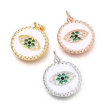 Brass Miceo Pave Colorful Cubic Zirconia Pendants, Long-Lasting Plated, with Jump Rings & White Enamel, Flat Round with Eye, Mixed Color, 18x16x1.5mm, Hole: 2.5mm