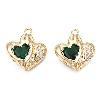 Brass Micro Pave Cubic Zirconia Pendants, Real 18K Gold Plated, Heart, Green, 18x17.5x6mm, Hole: 1.8mm