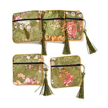 Chinese Style Floral Cloth Jewelry Storage Zipper Pouches, Square Jewelry Gift Case with Tassel, for Bracelets, Earrings, Rings, Random Pattern, Olive, 115x115x7mm