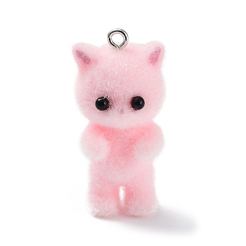 Flocky Resin Pendants, with Platinum Plated Iron Loops, Cat Shape Charms, Pink, 35x17x16.5mm, Hole: 2mm