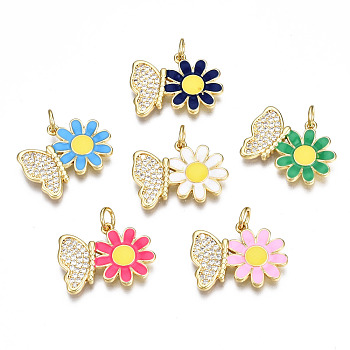 Brass Micro Pave Cubic Zirconia Pendants, with Enamel and Jump Ring, Nickel Free, Flower with Butterfly, Real 16K Gold Plated, Mixed Color, 15x20x2.5mm, Jump Ring: 5x0.8mm, 3mm inner diameter