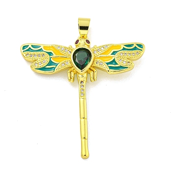 Brass Micro Pave Clear Cubic Zirconia Pendants, Real 18K Gold Plated, Dragonfly, Dark Green, 42x40x4.5mm, Hole: 5.5x3.5mm