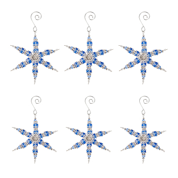 6Pcs Snowflake Glass & Alloy & Brass Pendant Decorations, with Iron S-Hook Clasps, Blue, 130mm, 6pcs/set