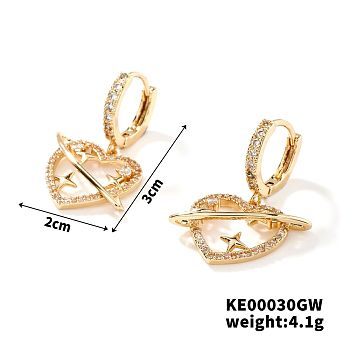 Sweet Cool Minimalist Love Heart Planet Brass Cubic Zirconia Hoop Earrings, Fashionable High-end Simple Earrings, Golden, 30x20mm