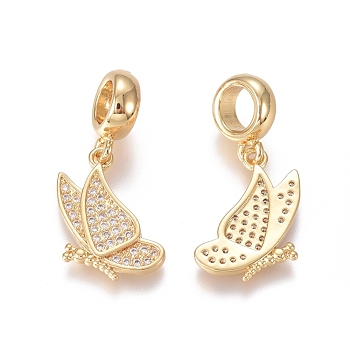 Brass Micro Pave Clear Cubic Zirconia European Dangle Charms, Large Hole Pendants, Butterfly, Golden, 25mm, Hole: 5mm, Butterfly: 17x12x2mm