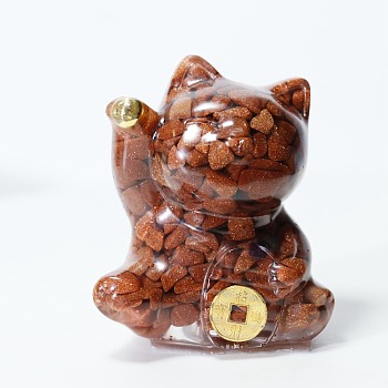 Synthetic Goldstone Chip & Resin Craft Display Decorations, Lucky Cat Figurine, for Home Feng Shui Ornament, 63x55x45mm