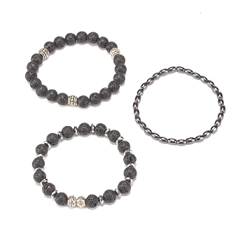 3Pcs 3Style Natural Lava Rock & Alloy & Synthetic Hematite Beaded Stretch Bracelets Set, Essential Oil Gemstone Jewelry for Women, Inner Diameter: 2-1/4 inch(5.8cm), 1Pc/style