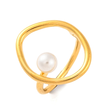 Ion Plating(IP) 304 Stainless Steel Oval Cuff Finger Rings for Women, with Round Plastic Imitation Pearl, Golden, 23mm, US Size 7(17.3mm)