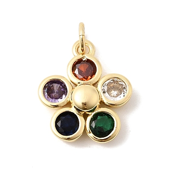 Valentine's Day Brass Micro Pave Colorful Cubic Zirconia Pendants, Flower Charms, Cadmium Free & Lead Free, Long-Lasting Plated, Rack Plating, Real 18K Gold Plated, 16.5x14x5mm, Hole: 3.3mm