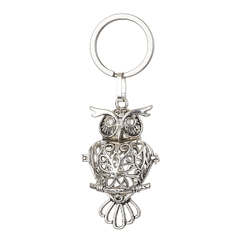 Brass Hollow Owl Pendant Keychain, with 304 Stainless Steel Rings, Antique Silver, 8cm